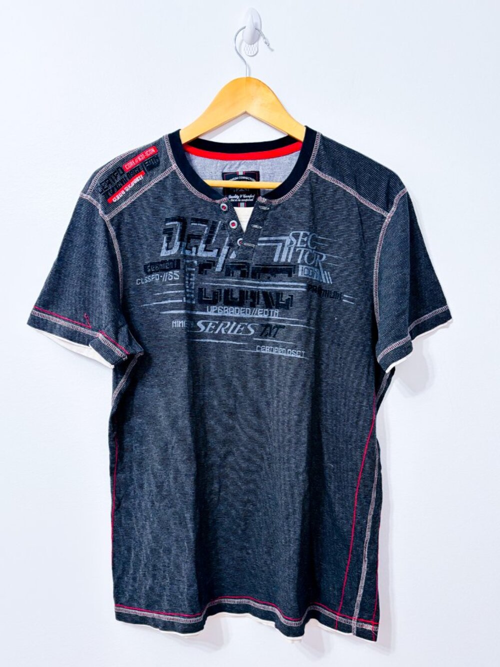 TXT Grey Striped Graphic Henley T-Shirt Contrast Stitching Large